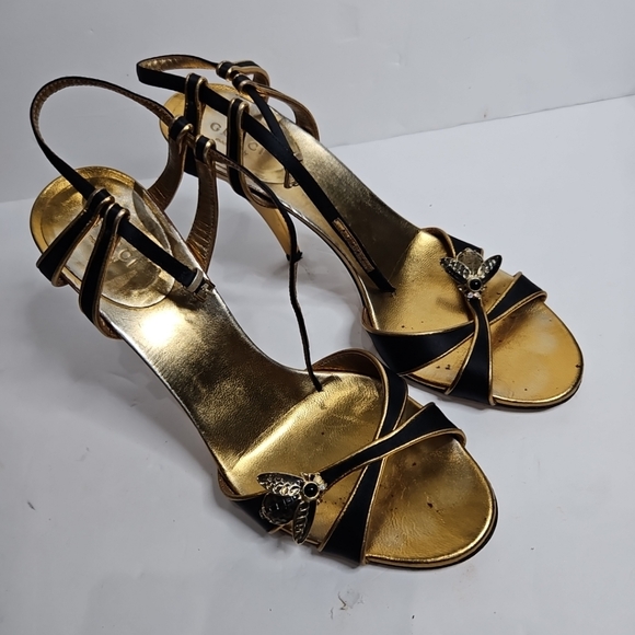 Gucci Shoes - Gucci Gold Strap Stiletto Sandals with Bee Embellishment Size 8.5B